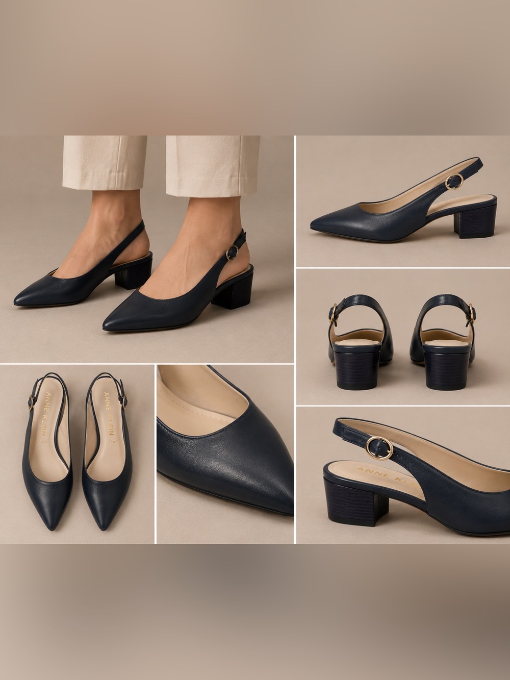 Anne Klein Flex Karensa Leather Pointed Toe Slingback Heels Navy Blue Size 10.5